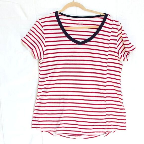 Horny Toad Women Organic V-Neck Stripes Nautical T-Shirt Slustripe Vee Tee Sz L - Picture 1 of 4